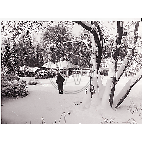Alte Dame beim Spaziergang durch den Schlossgarten im Schnee