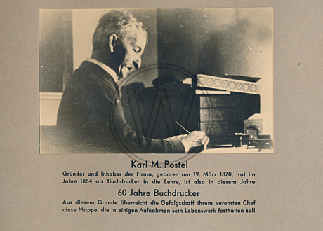 Glückwunschkarte für Buchdrucker Karl Postel